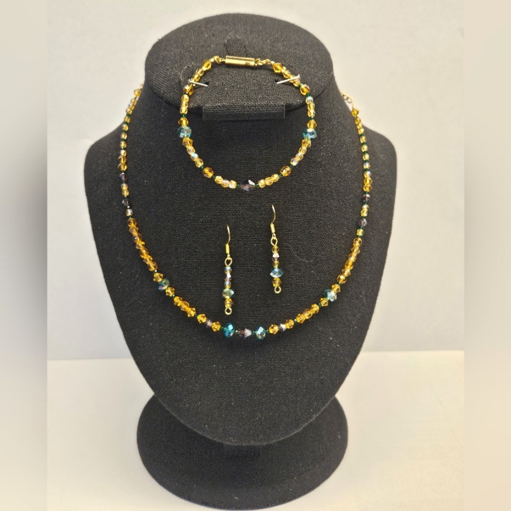 Dainty Sparkling Yellow and Teal Beaded Set